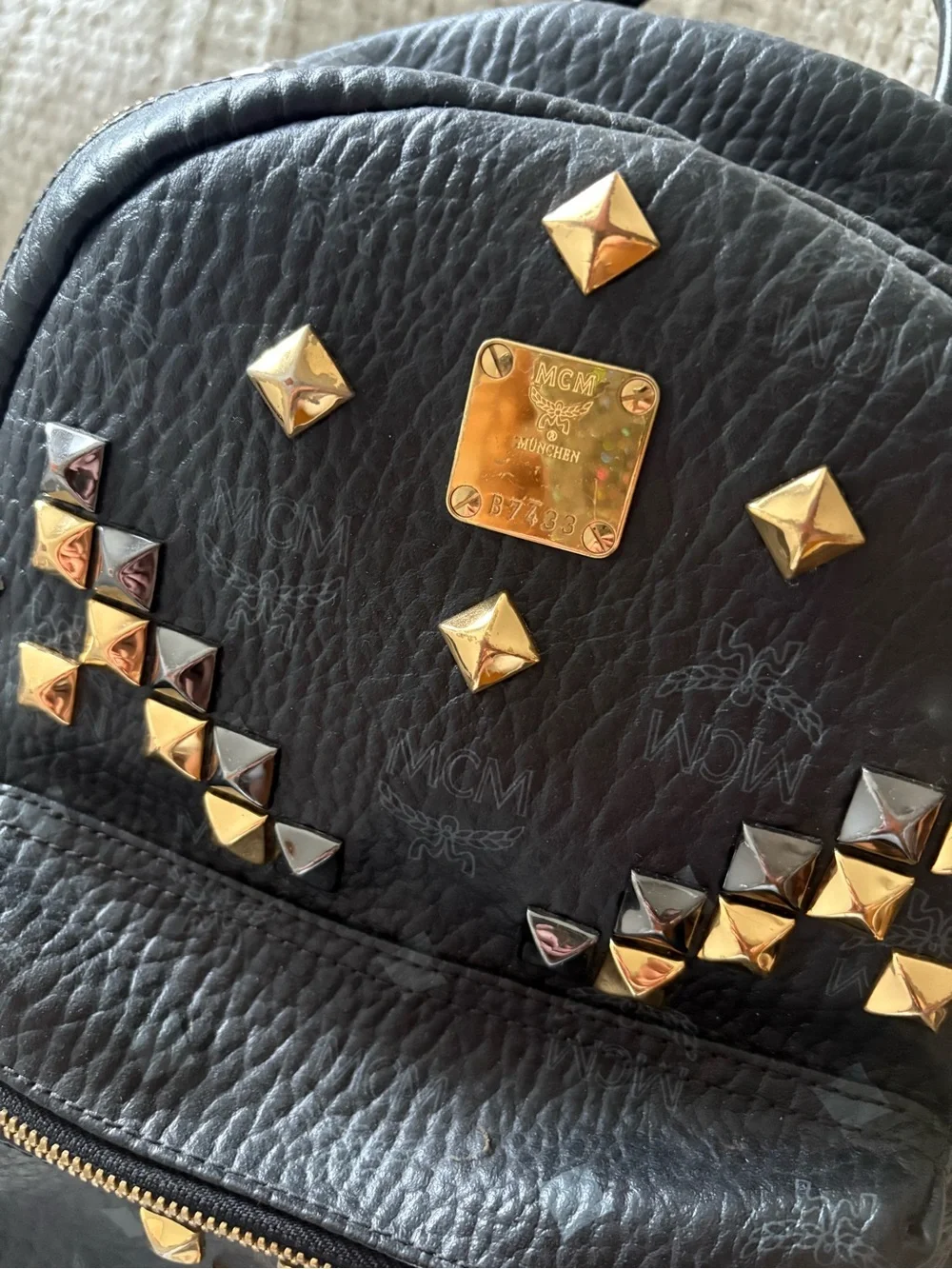 MCM Black Leather Studded Stark Mini Backpack - Gold/Silver Accents
